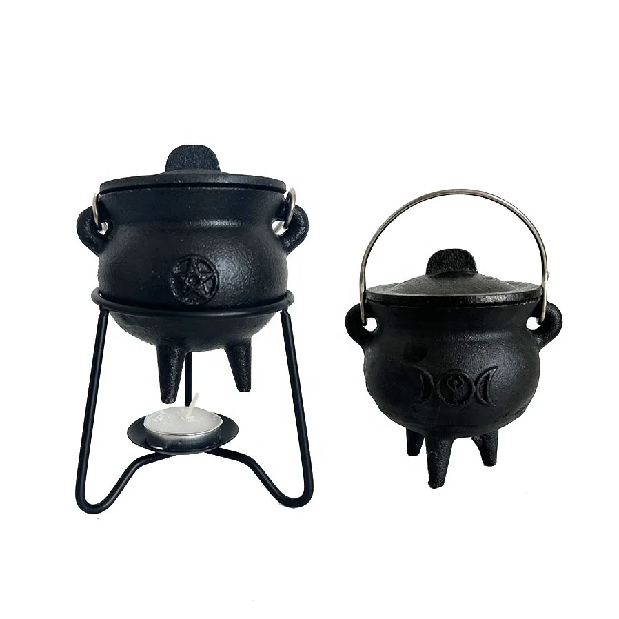 Witch Halloween Decoration Cast Iron Cauldron with Metal Holder Set For Incense Smudge Kit Sage Altar Ritual Burning Holder