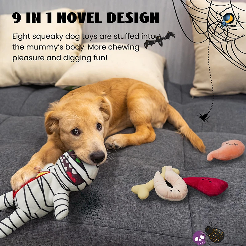 Halloween Mummy Indestructable Dog Toys with Organs Funny Plush Squeaky Dog Chew Toys Interactive Training Hide and Seek Pet toy