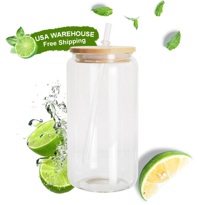 Us warehouse 12oz 16oz frosted clear Beer can shaped sublimation beer jar glass can with Bamboo Lid and  Straws