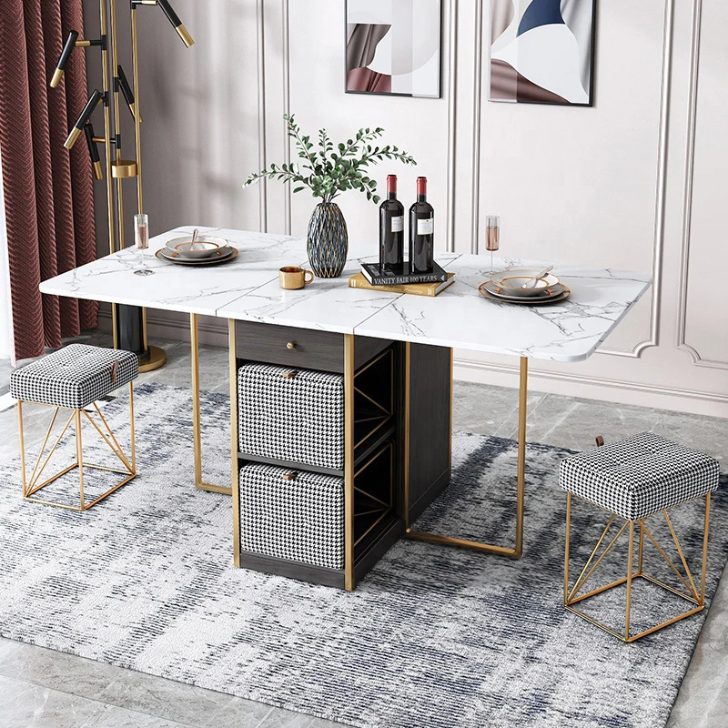 Складной передвижной роскошный обеденный стол из спеченного камня с колесиком 4 стула