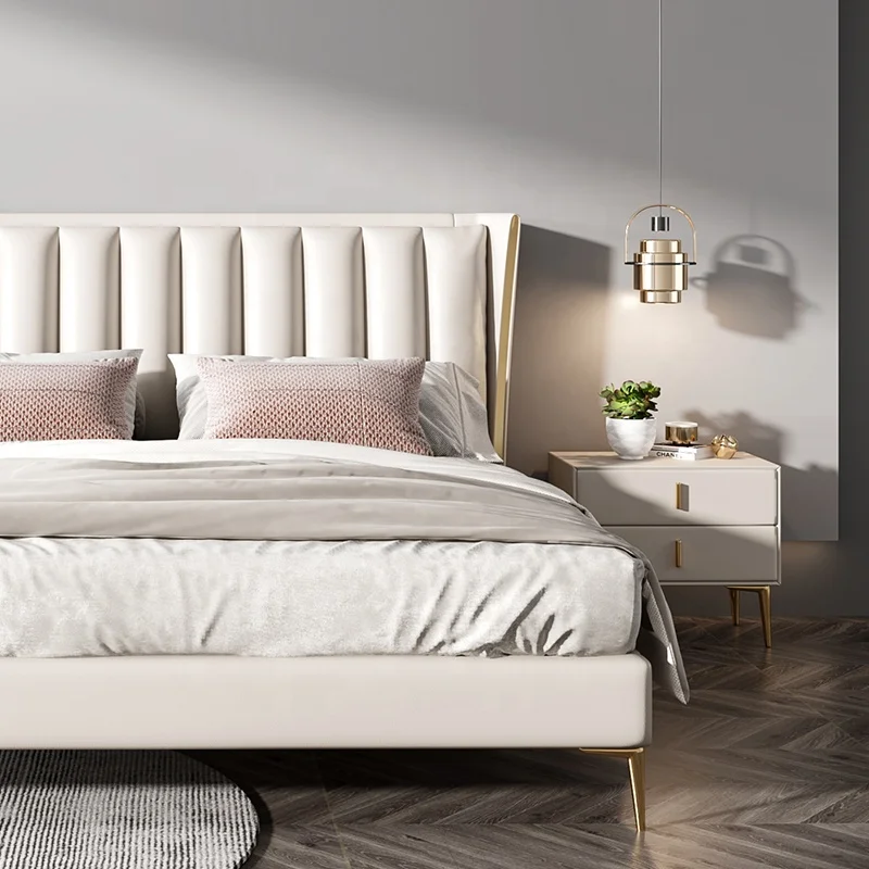 Fashion Style Bedroom Furniture Stainless Steel Legs Upholstery Leather queen bed storage