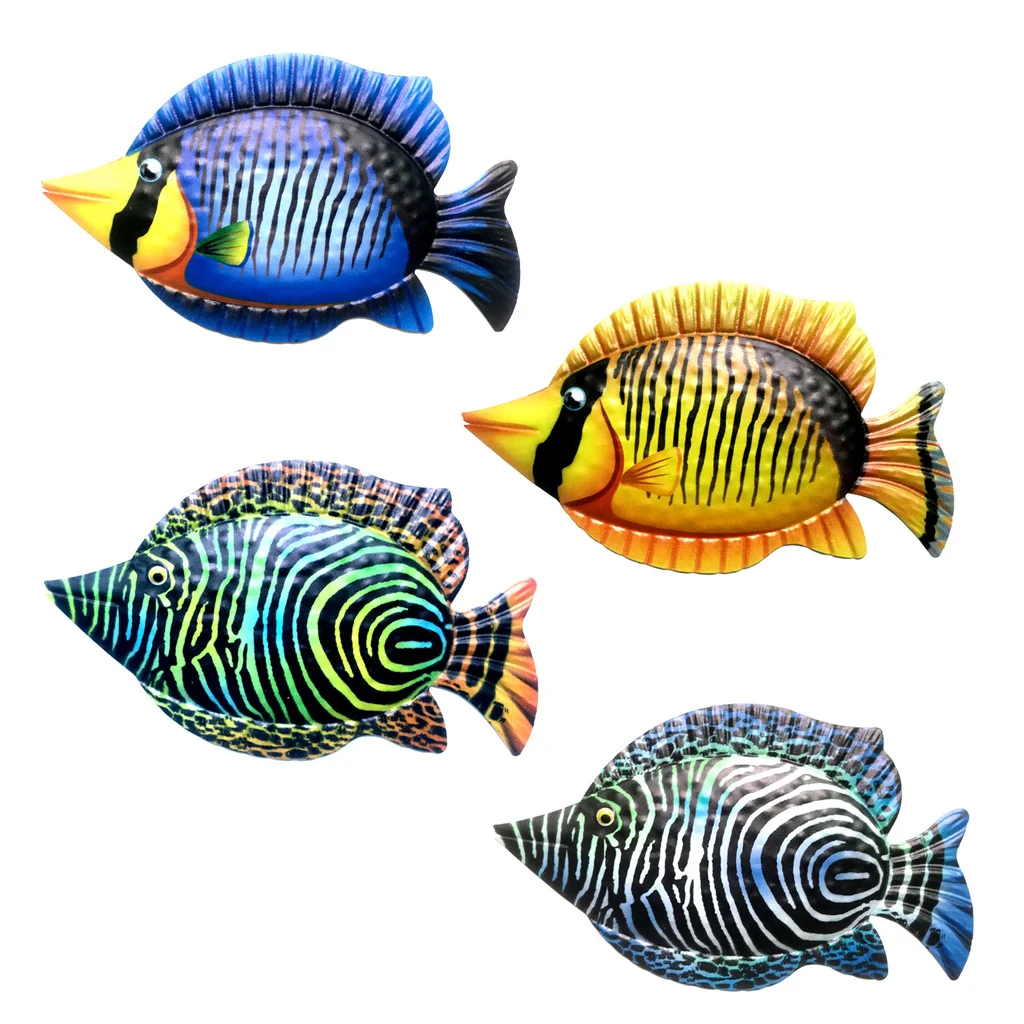 Metal Fish Art Wall Decor Coastal Ocean Sea Hanging Decorations Garden Pool Decor Set of 4 Colorful