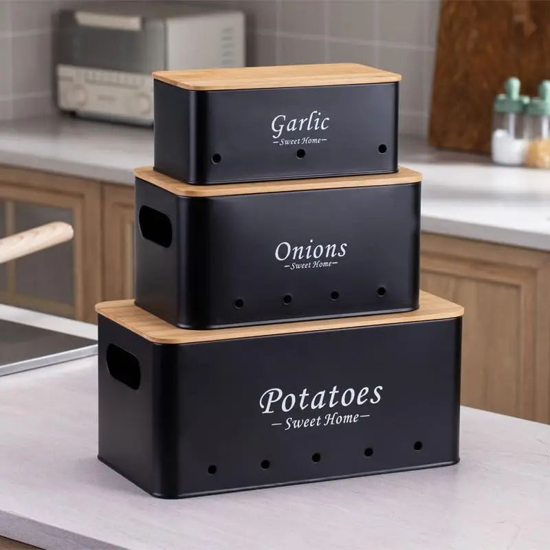 Metal Kitchen Vegetable Storage Tins Set Potato Onion Garlic Kitchen Storage Containers With Aerating Holes and Wooden Lid