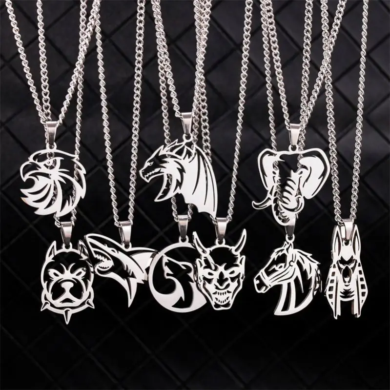 NASP Hiphop Gold Stainless Steel Round Cut Out Punk Style Hollow Eagle Animal Wolf Head Pendant Sweater Necklace For Men