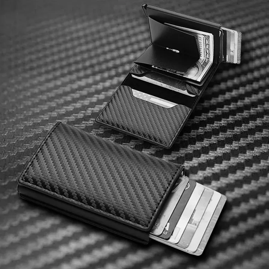 M2538 Custom Wholesale Portefeuille PU Leather Money Clip RFID Pop Up Wallets Slim Card Holder Carbon Fiber Wallet