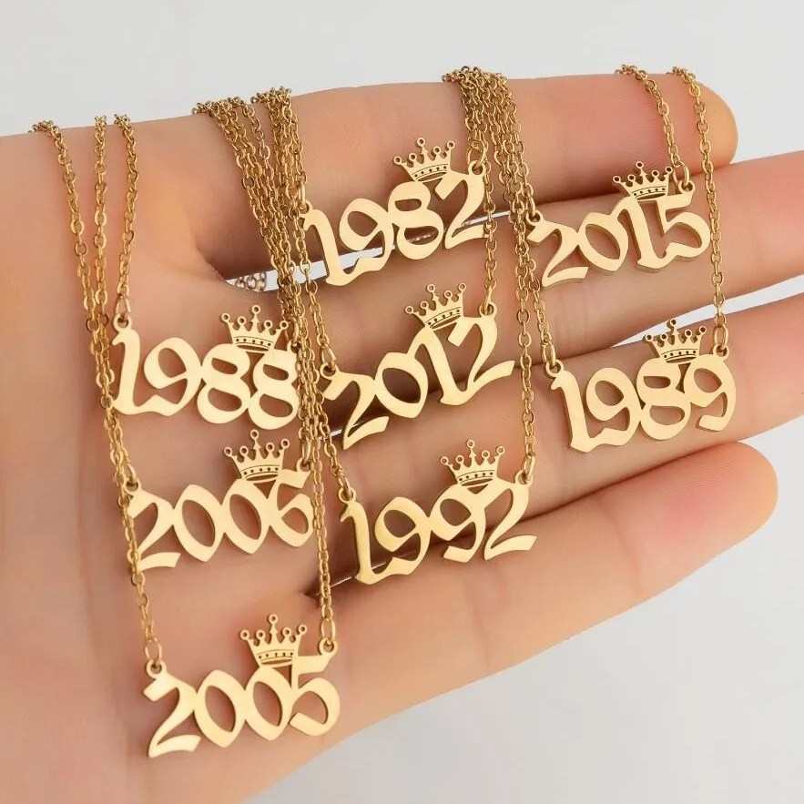 Personalized 1980 to 2024 18 Gold Plated Custom Crown Birth Year Necklace Number Stainless Steel Year Necklace for birthday gift