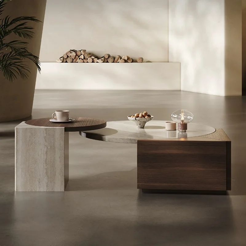 Italian Minimalist Designer Creative Living Room Wooden Round Coffee Table Set of 2 with Drawer Marble Stone Coffee Table Models