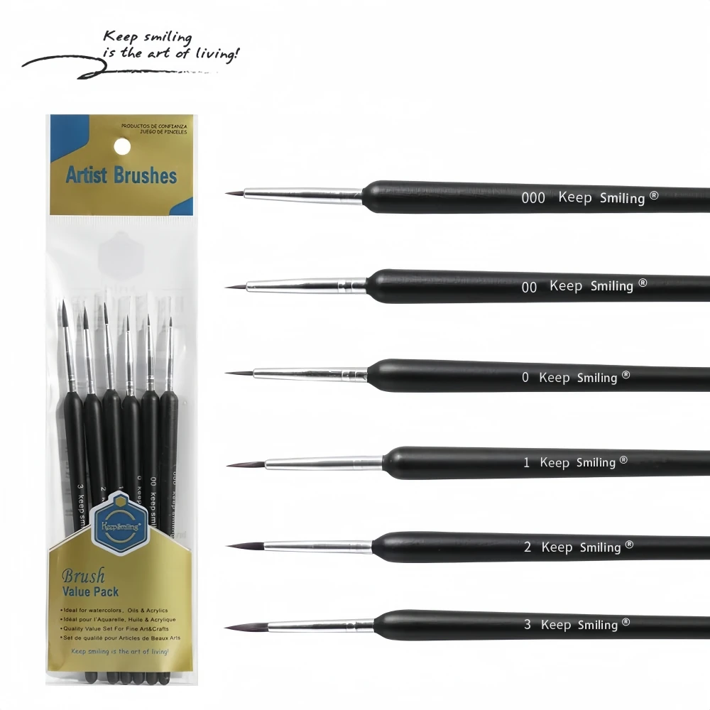 Keep Smiling 6pcs Detail Paint Brushes Drawing Nylon Hook Line Pen For Acrylic Watercolor Painting