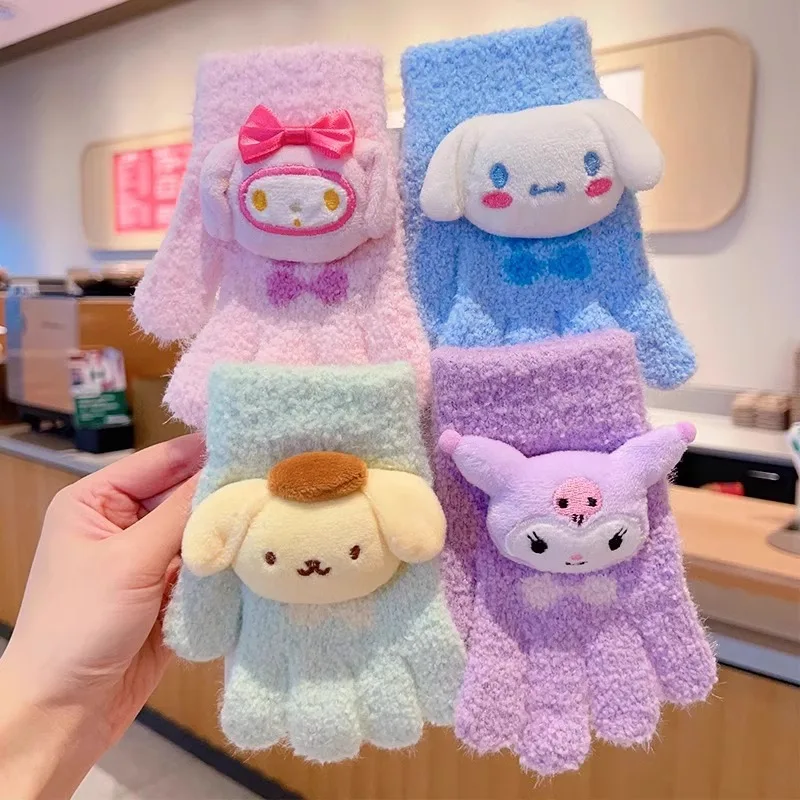 Botu kawaii Sanrioed cinnamon Children Gloves Cute Kulomi Melody  Children Thicken Warm winter Glove Student Five-finger Glove