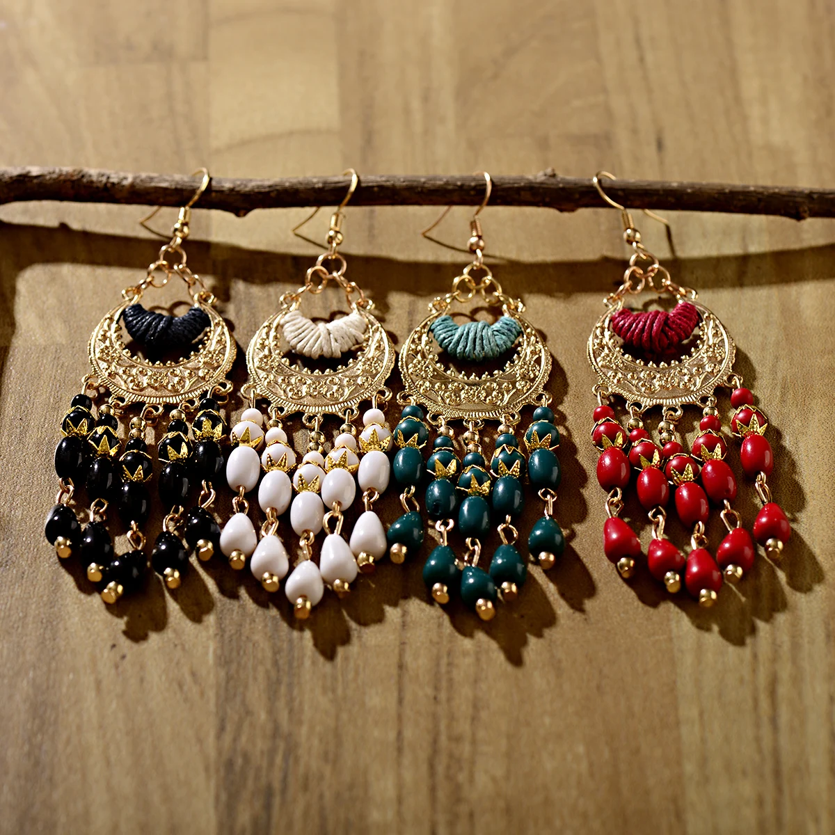 2021 Vintage Ethnic Bohemian White Beads Jhumka Earrings Geometric Metal Tassel Indian Earrings Tibetan Jewelry