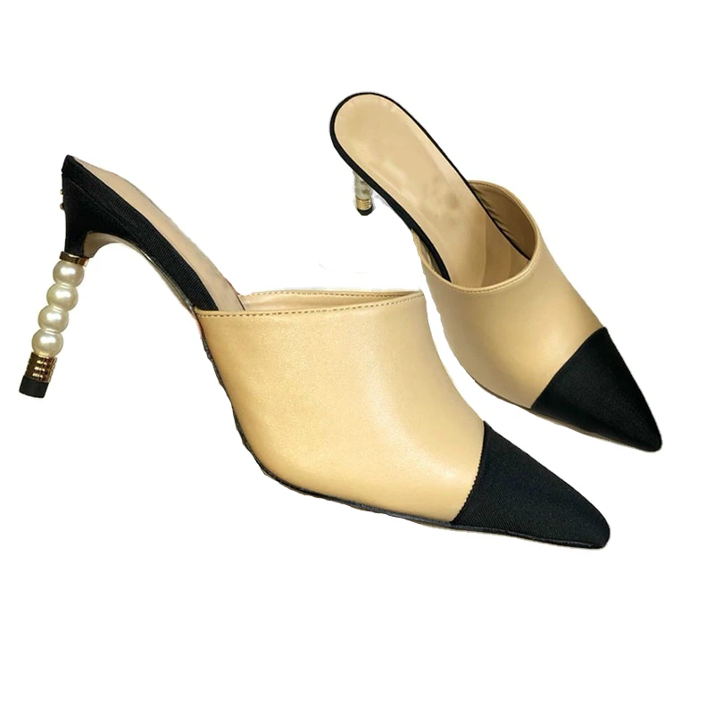 
 Двойной C, украшенным жемчужинами, для вечеринки пикантные модные свадебные туфли роскошные женские Формальные туфли без задника; Модельные туфли на высоком каблуке под платье  