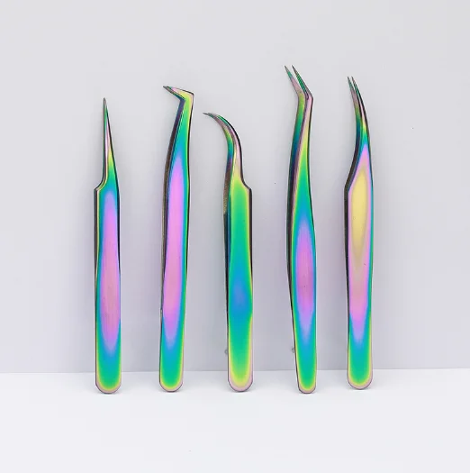 Wholesale 5pcs Stainless Steel Women Makeup Tools Rainbow Eyelash Extension Tweezers Set with Fine Leather Pouch