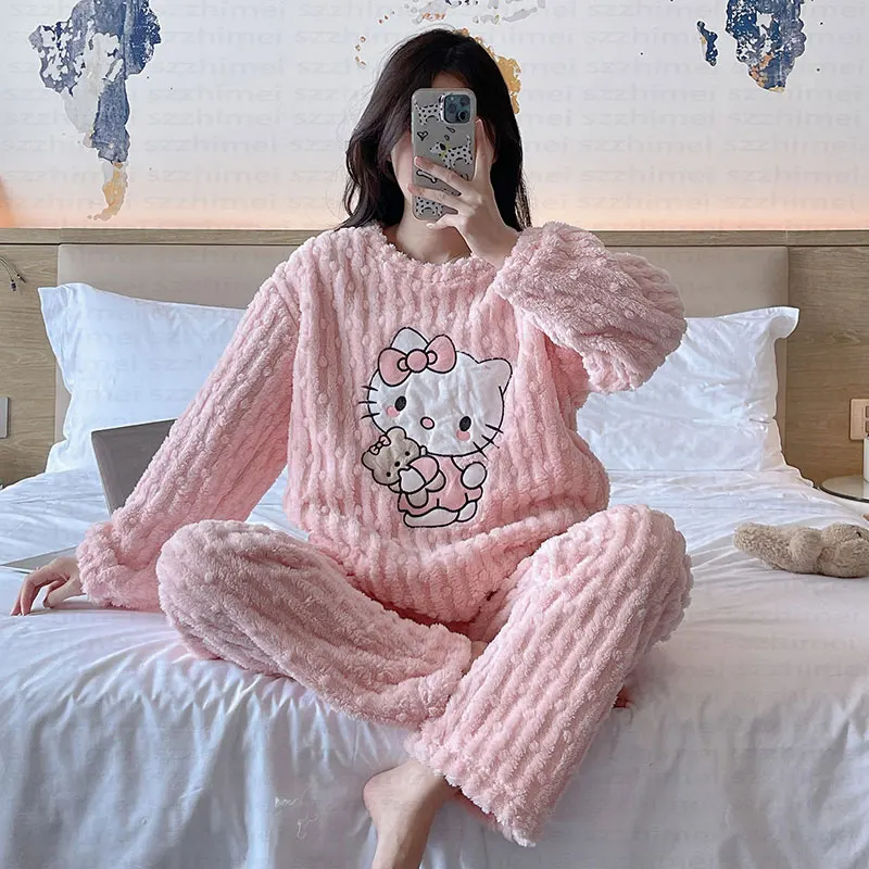 Cheap Wholesale New Cartoon Helloed Cat Pajamas Flannel Winter Warm Plush Kitties Pyjamas Sets for Female Women Girls