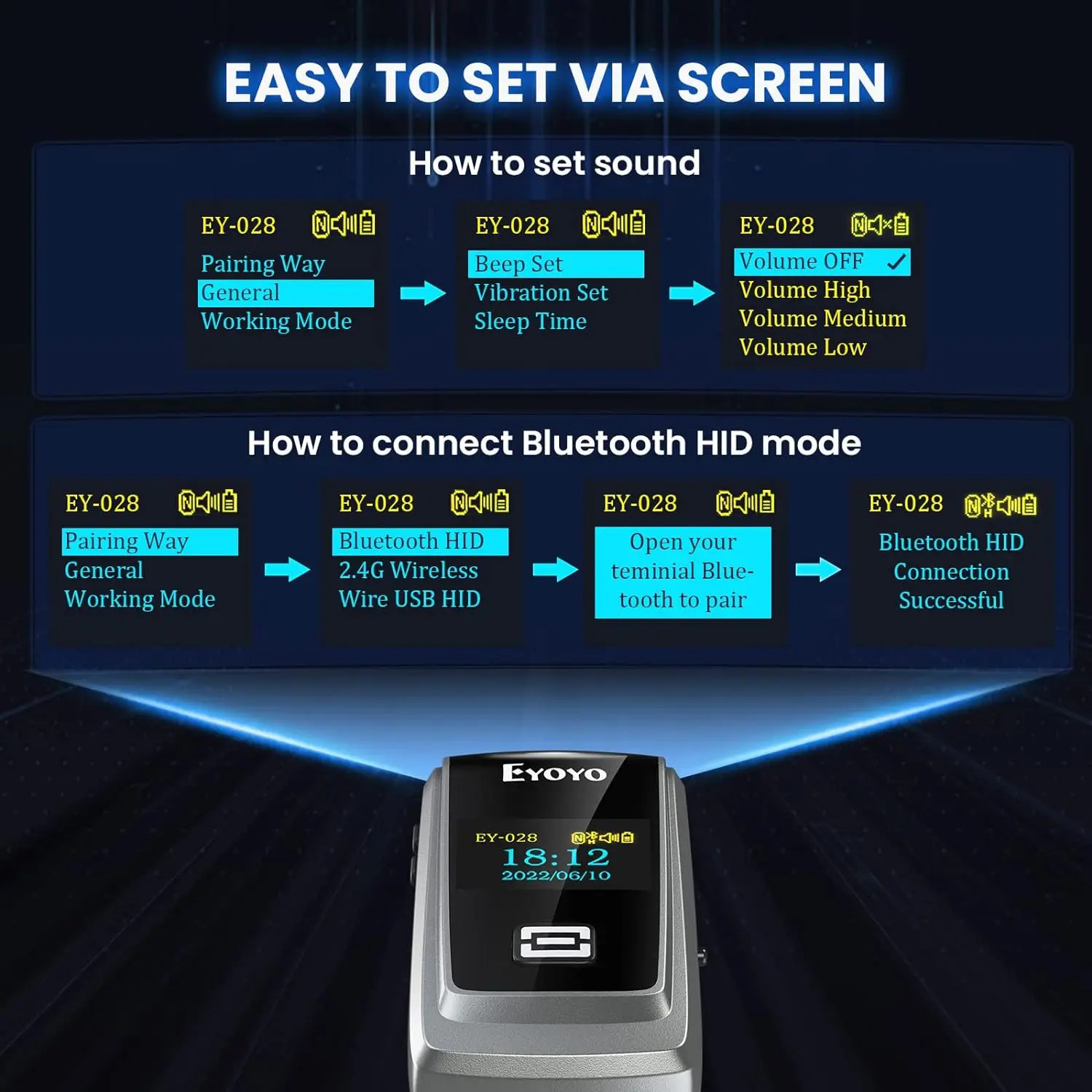 Eyoyo Mini Portable Wireless Bluetooth 1D 2D QR Code Reader Barcode Scanner with LCD Display for Library Inventory