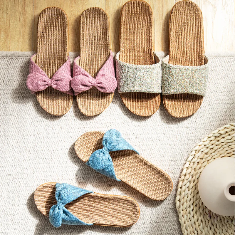 Bowknot Sandal Cotton Flax Summer Ladies Girls Slippers Brown Home Outdoor Non-Slip Cool Beach Holiday Slippers