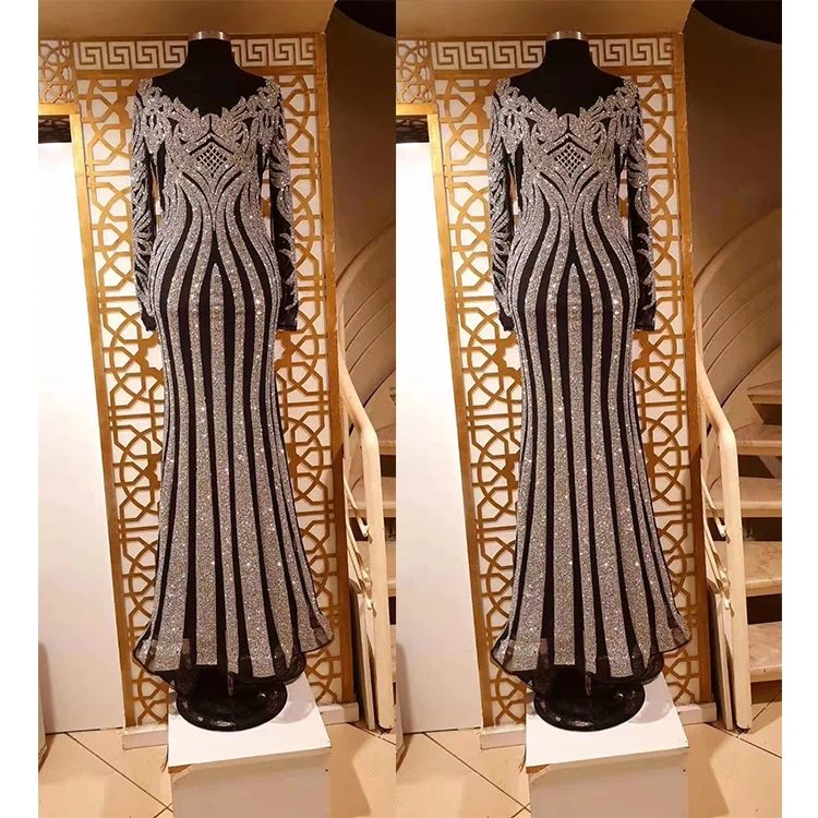 Factory Wholesale High Quality Luxury Beautiful ZISE Factory WholesaLong Sleeve Sequin Beading Arabic Evening Dresses From Dubai