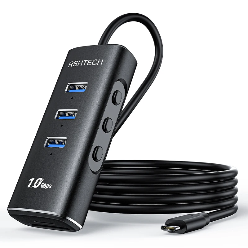 RSHTECH 5 in 1 USB C Hub with 10Gbps Data Ports SD/TF Card Reader 2ft Cable and Individual Switches Type C hub for PC