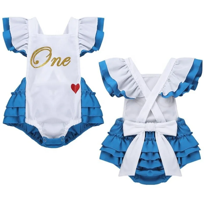 
Infant Baby Girls Ruffles Sleeves Letters One Sweet-heart Pattern Printed Romper Carnival Cosplay Party Costume 