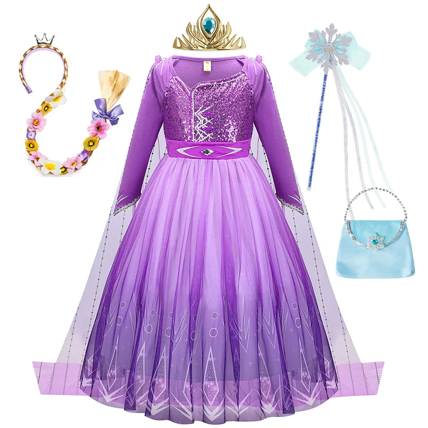 Children Fancy Girls Party Princess Dress UP Kids Christmas Cosplay Carnival Purple Elsa Halloween Costumes with Clock