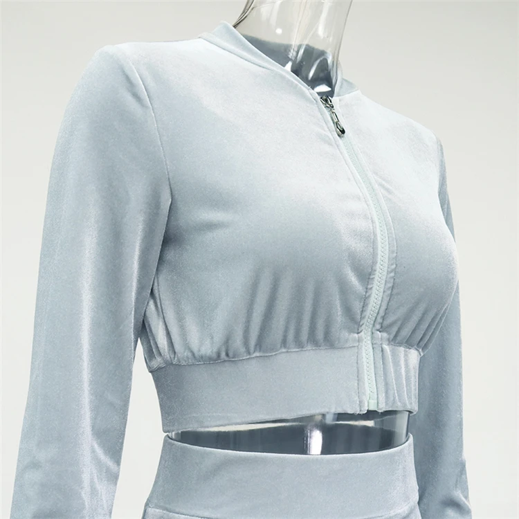 Ladies slim zipper tracksuit rhinestone 2 piece set skirt casual jogging velvet Bodycon skirt set