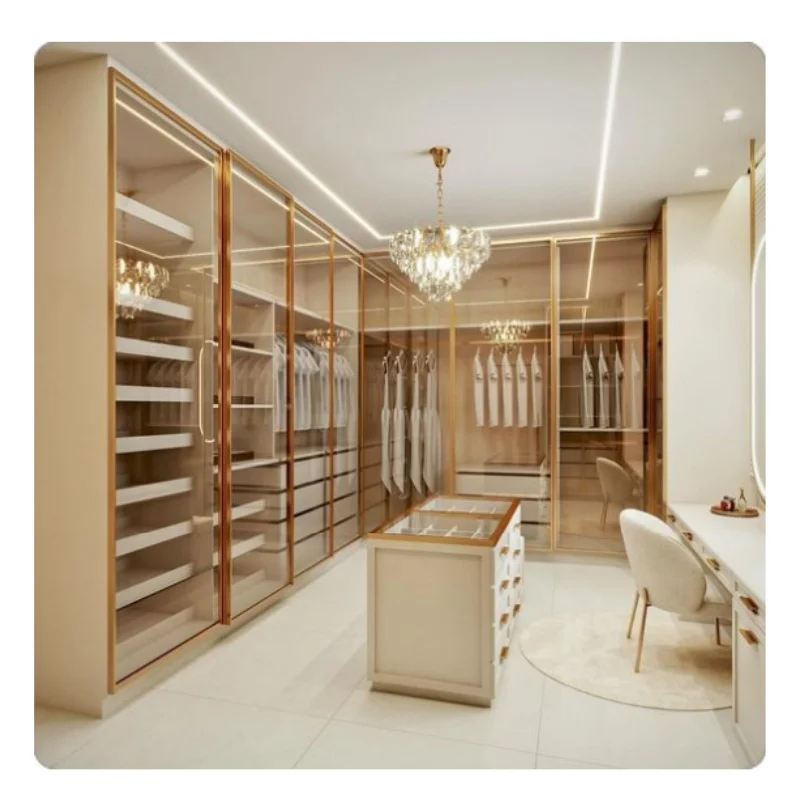 2025 Custom made Italian style modern bedroom glass wardrobe design wooden wardrobe bedroom closet furniture with mirror