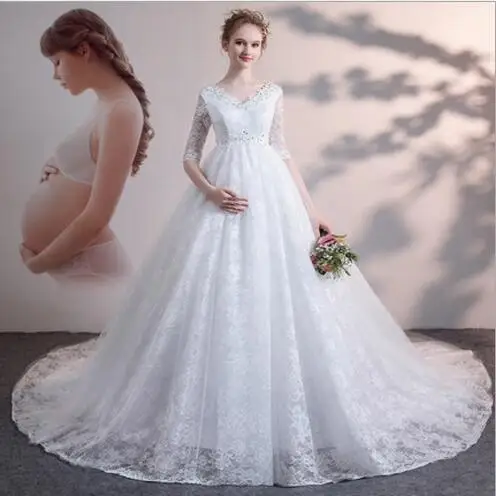 V Neck Lace Half Sleeve Ball Gown Wedding Dress for Pregnant Women Maternity Wedding Gowns