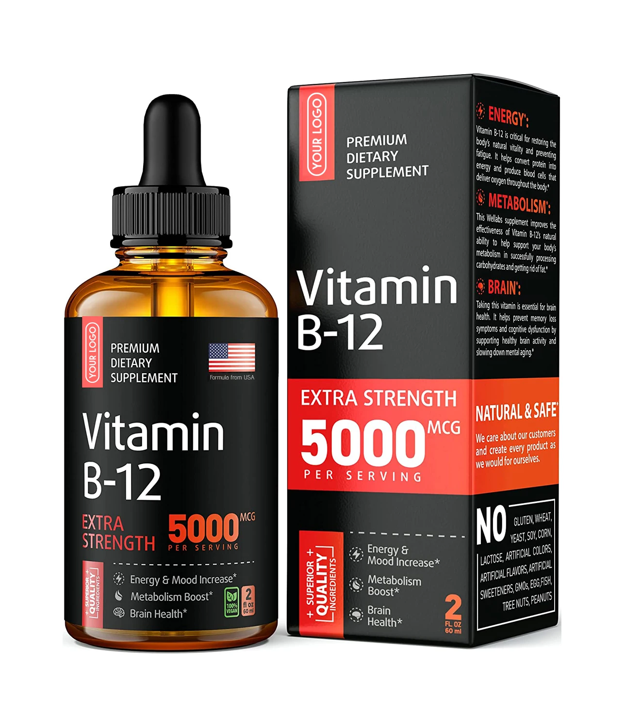 OEM Vegan Liquid B 12 Drops Strength Raspberry Flavored Vitamin B12 Liquid sublingual Supplement Maximize Absorption & Energy (1600685260893)