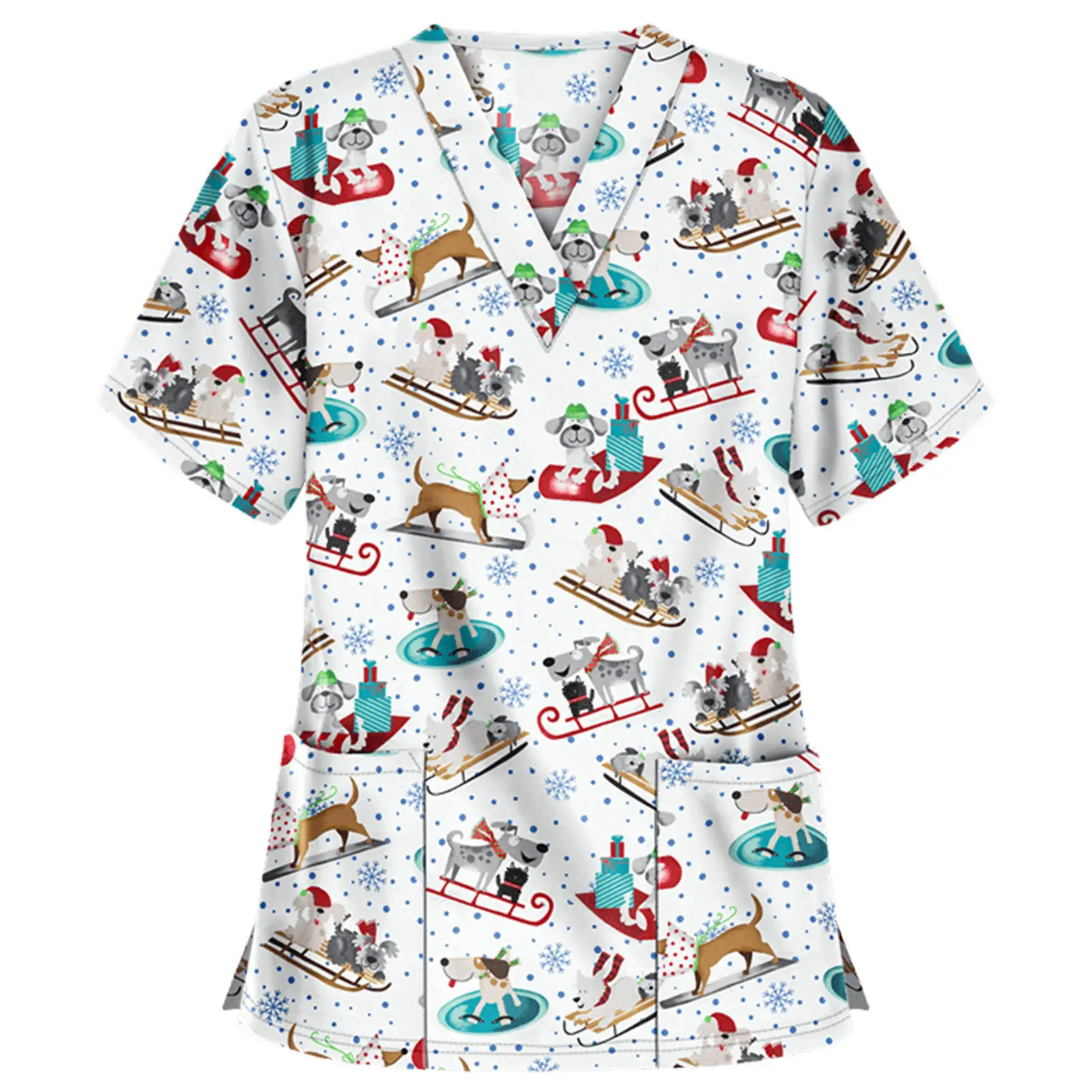 Wholesale Christmas Prints Pattern Scrubs Tops Women Medical Uniform Nursing Shirts Short Sleeve Stretch Hospital Nurses Uniform