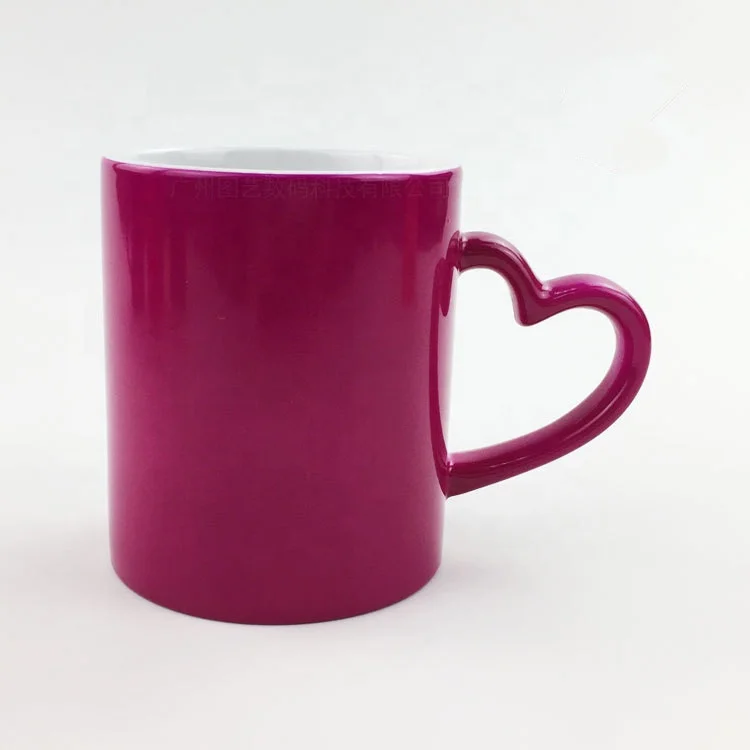 Custom thermal transfer color change coating cup heart-shaped handle magic tumbler heat transfer sublimation ceramic mug