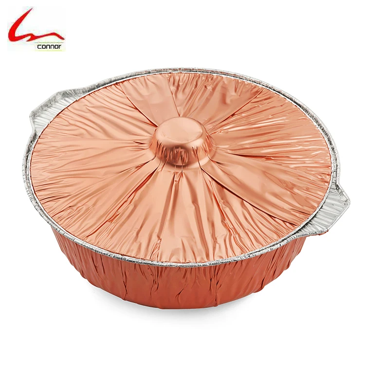 
Coated disposable aluminum foil circle container with lids for food cooking Big size aluminum foil pots with brown color 
