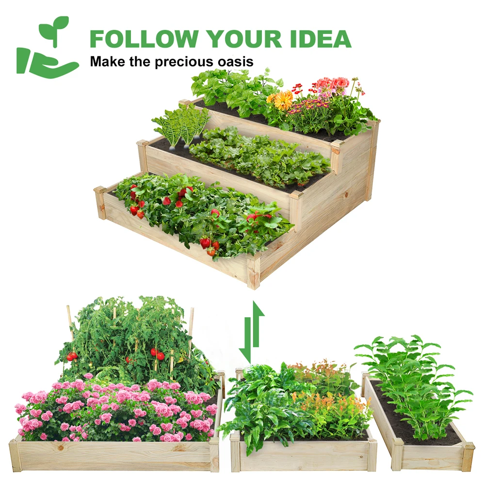 3 Tier Wood Planting Box Raised Garden Bed Elevated Plants Stand for Backyard Outdoor