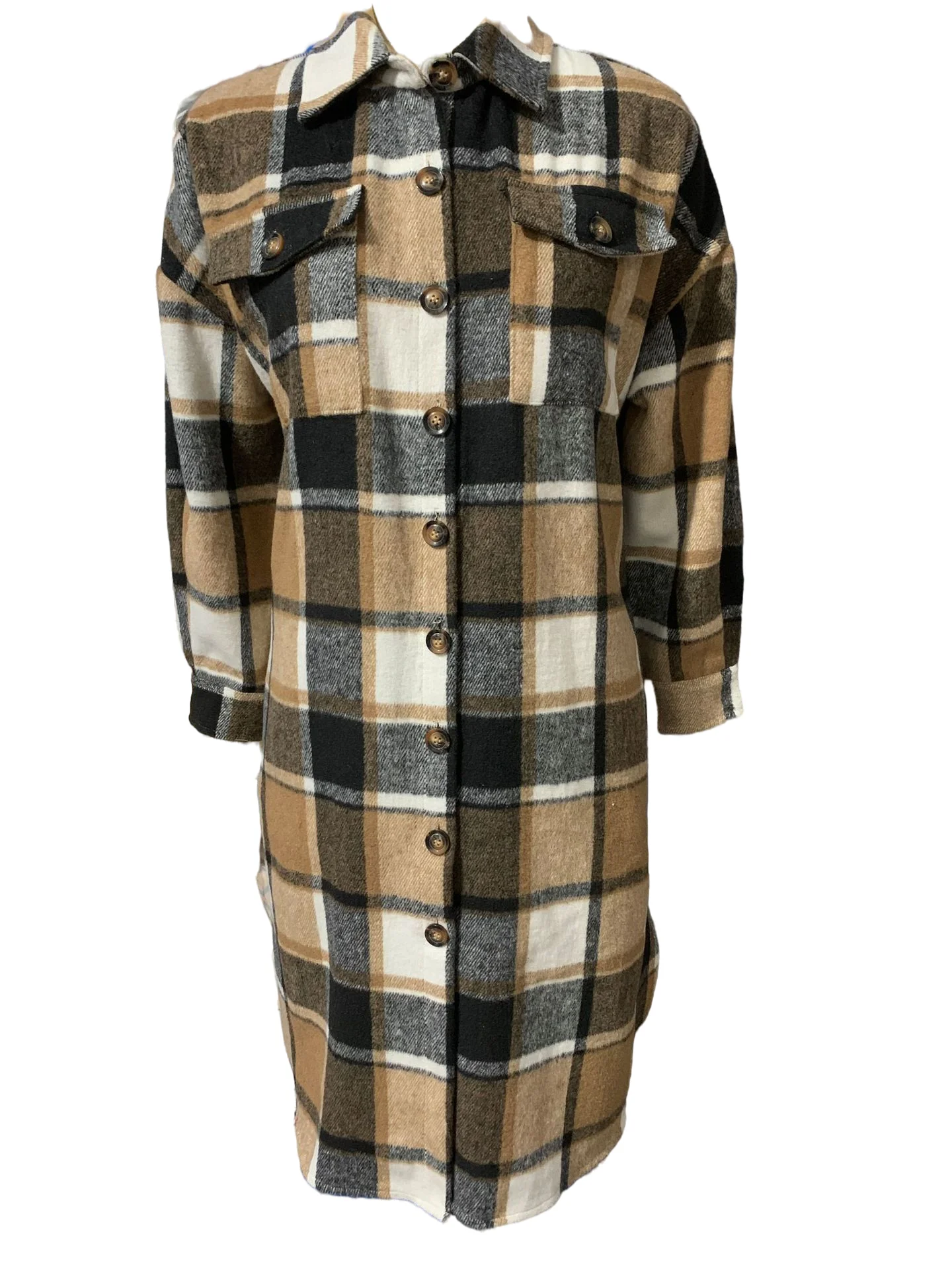 2021 Autumn Wholesale Long Sleeve Ladies Plaid Woolen Coat with Pocket Jacket Woman Jacket plaid trench coat