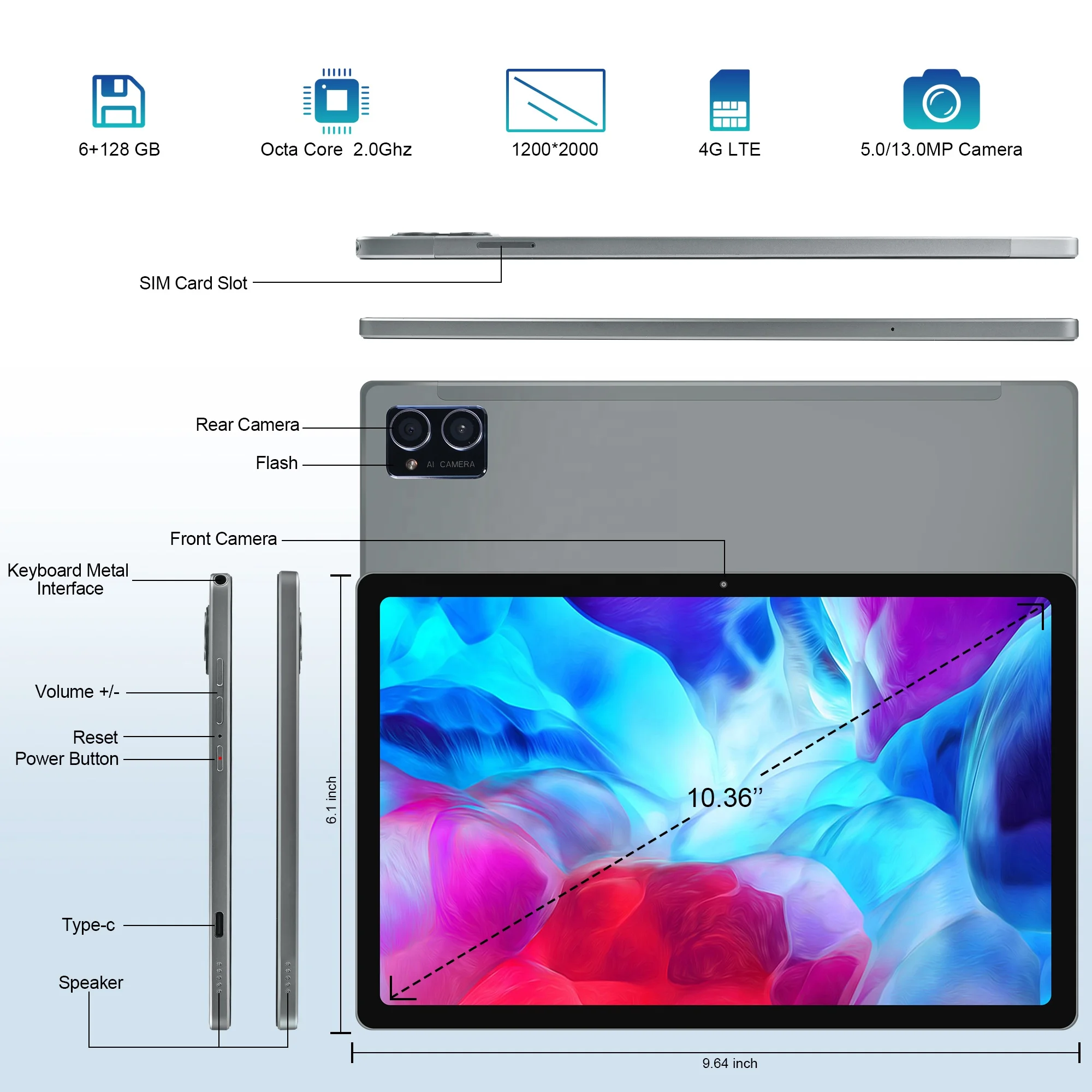 Veidoo 10.36 inch FHD 1200*2000 Incell Screen G85 / MTK6769Z Tablet Octa Core 6GB+128GB Android 12 Tablet Pc