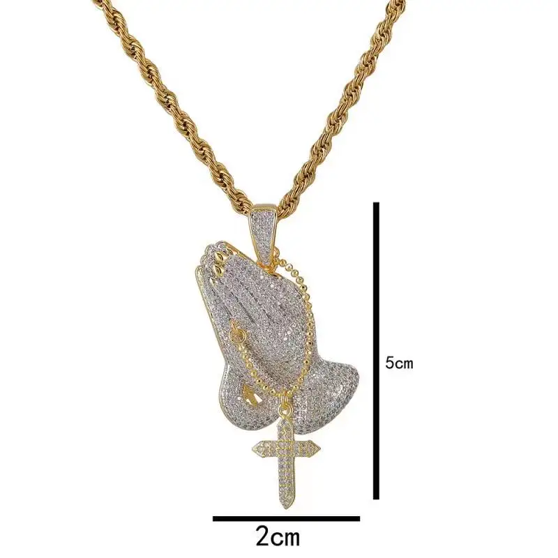 Iced Out Praying Hands Cross Pendant Handmade Zircon Crystals paved high Quality Jewelry Necklace