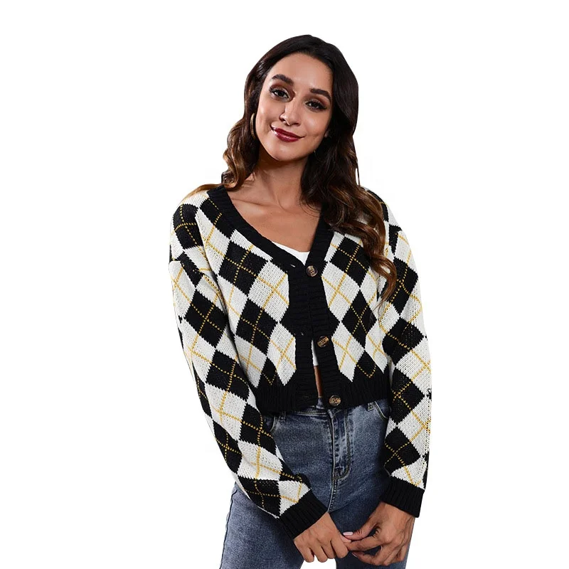 Multi Color V-neck Crop Women Cardigan Sweater Long Sleeve Casual Sweater Women Female