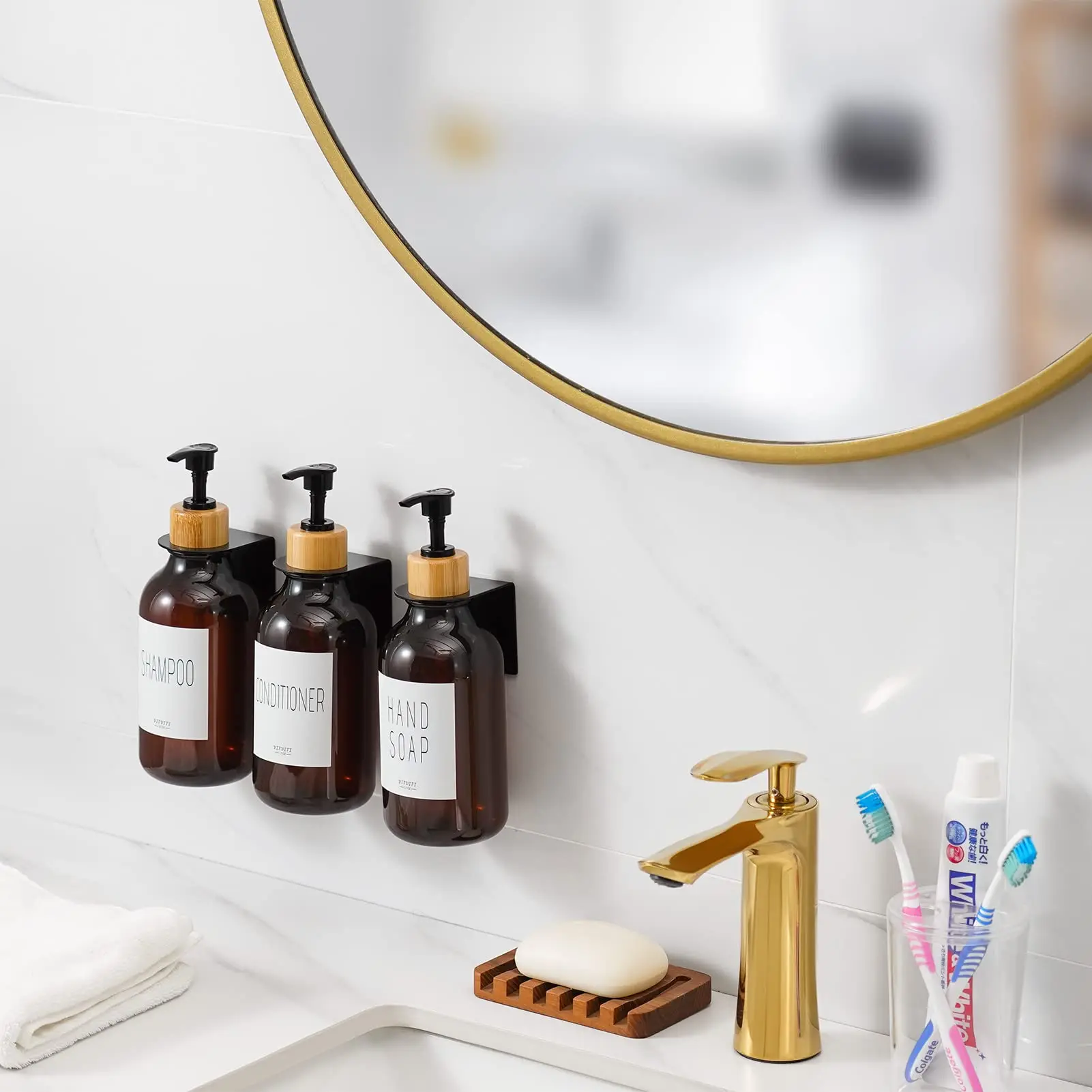 Wholesale beige soap dispenser set, bathroom countertop resin hand sanitizer, with pressure pump cover