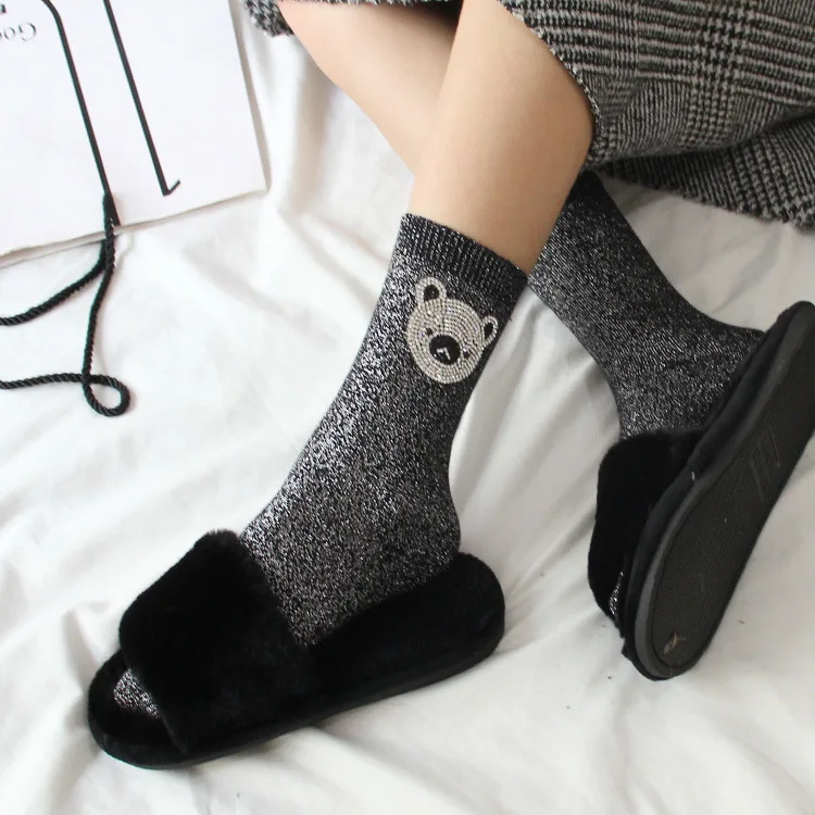 Wholesale personality bling rhinestone bear socks gold silver silk socks women
