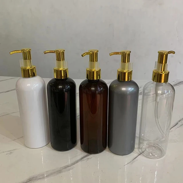 Hengjian stock 300ml white grey black amber plastic shampoo conditional hair product bottle with gold lotion pump