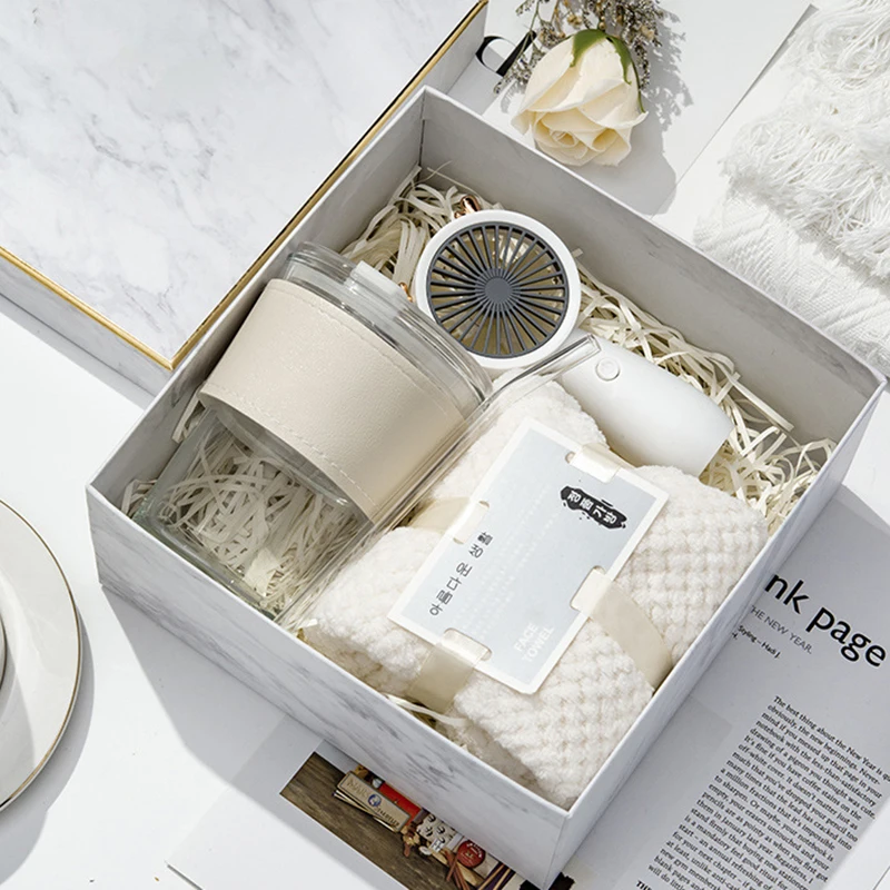 3 in 1 2024 New Product Ideas Vacuum Cup Mug USB Fan Umbrella Towel Gift Set Mini Fan Gift Set