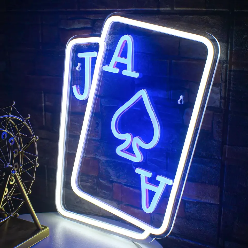 Playing Cards Neon Signs for Wall Decor Poker Teens Led Neon Light Blue White Usb Light Sign for Bedroom Casino Bar Hotel
