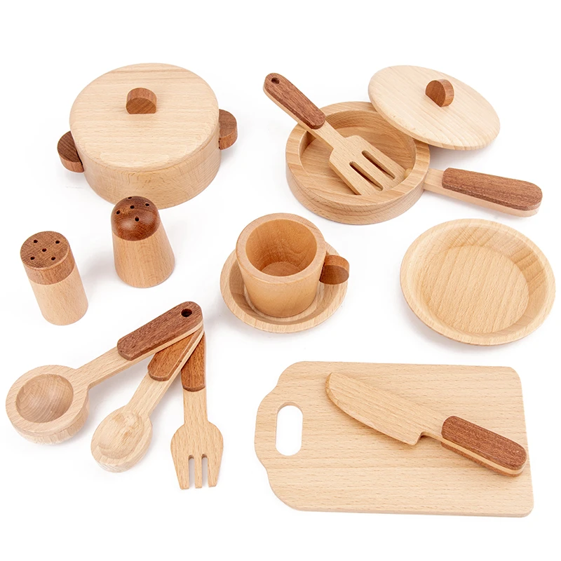 2022 Hot Sell Wooden Pretend Play Toy Kitchen Accessories with Cookware Plates Dishes for Kids