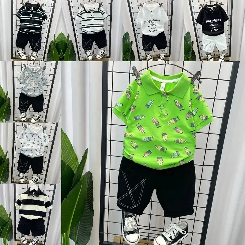 China factory manufacturing summer new number cartoon pattern boys and girls suit short sleeve cotton T-shirt shorts wholes