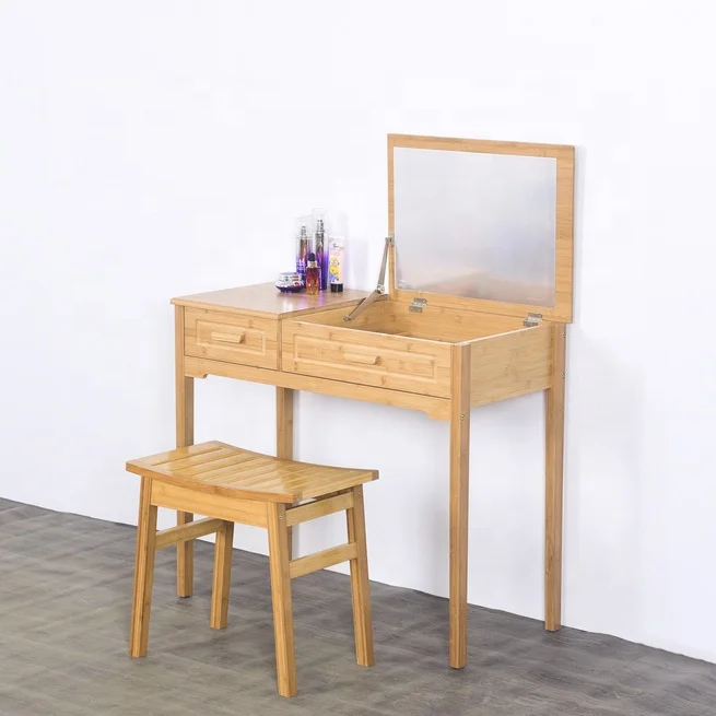 Bamboo Makeup Vanity Table Desk with Stool Flip-top Mirror 2 Drawers Deep Storage Alcove Girls Dressing Table Set for Bedroom