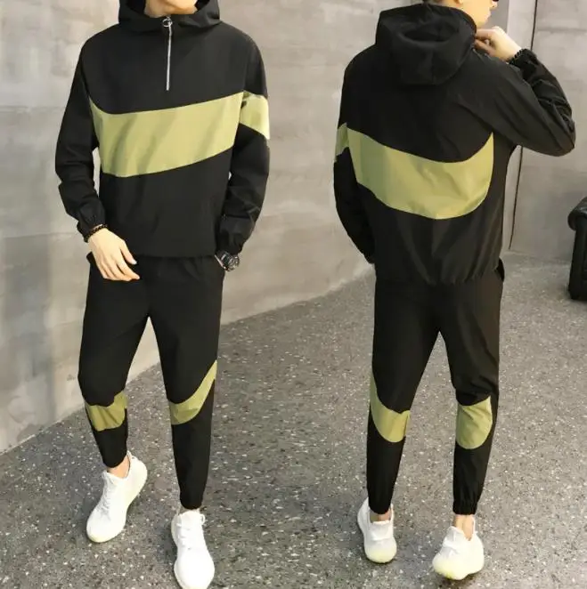 Модный мужской спортивный костюм с капюшоном, лоскутный повседневный комплект из двух предметов с длинным рукавом