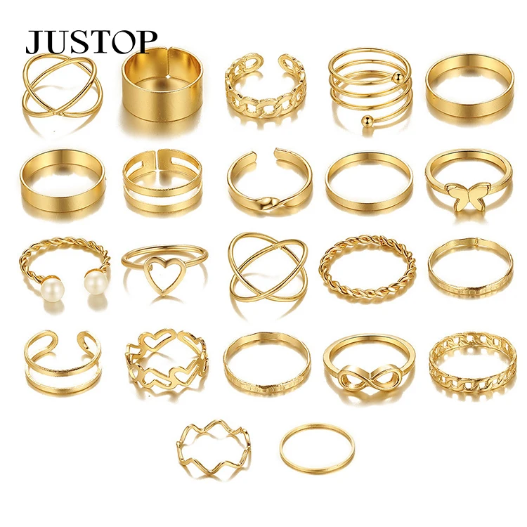 20pc/set Hollow Love Butterfly Female Ancient Silver Ring Set Pearl Gold Tai Chi Snake Drip Oil Ring Jewelry