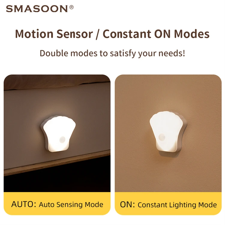 Multifunctional Shell Shape Small Wall Mounted Dimmable Usb Rechargeable Led Motion Sensor Night Light Lamp With Magnet For Home