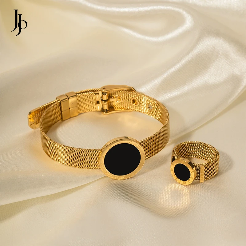 JOJO Fashion 18k Gold Plated Adjustable Strap Wide Belt Black Round Roman Watch Shaped Bracelet Ring Set Stainless Steel