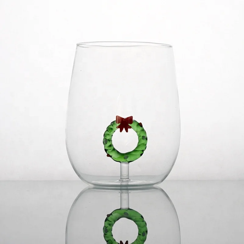 Wholesale Factory Green Wreath Model Water Glass Cup/Oval Drinking Glass Cup/Hand Made Glass Cup for Xmas Season Distributor