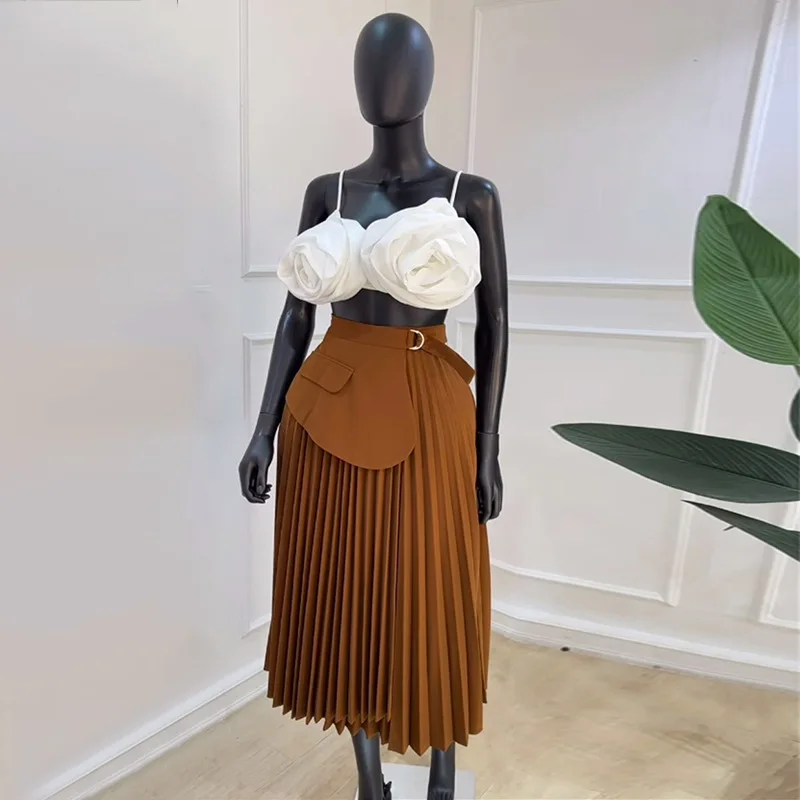 Vintage Pleated Midi Long Skirt For Women 2024 Summer New Design Sense A-shaped pleated long skirt Commuter belt skirt