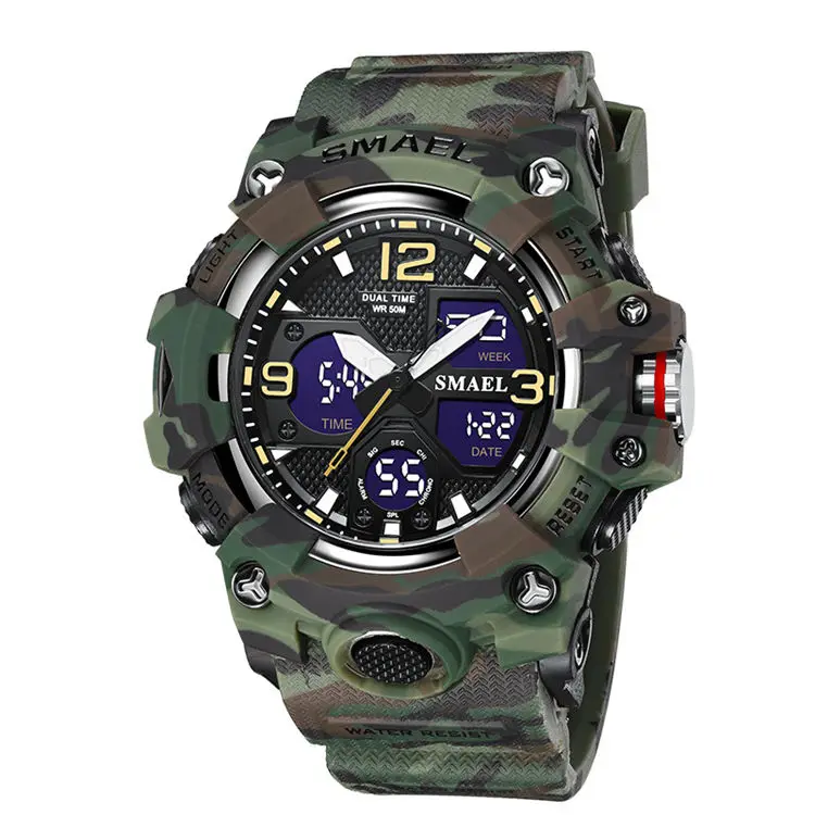 SMAEL Camouflage 8008 NEW Men Watches Sport Dual Time Style 50M Waterproof Clock Alarm Stopwatch Quartz Wristwatches For Men